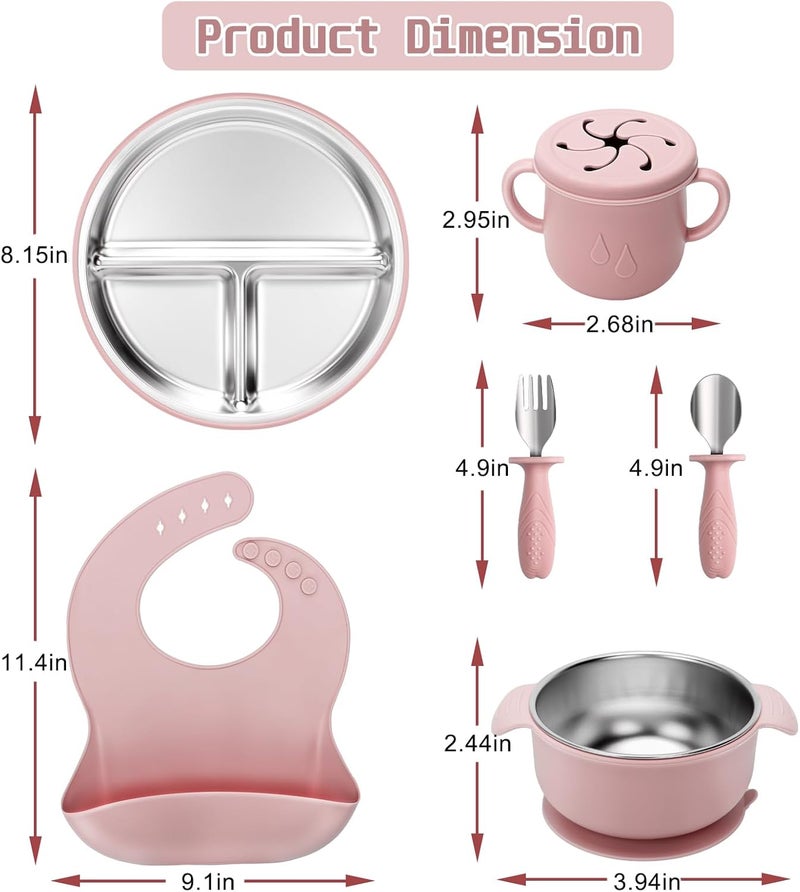 mislili Stainless Steel Kids Plates and Bowls Set with Suction, Divided Baby Plate and Toddler Bowl with Removable Silicone Suction,Stainless Steel Weaning Bundle, Silicone Baby Feeding Set (Pink) - Image 2